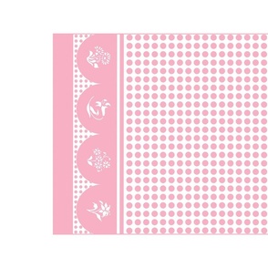 Pink and white tea towel with scalloped ends, flower silhouettes, polka dots
