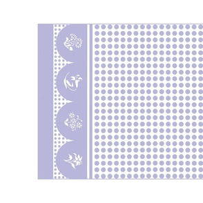 Lilac, purple and white tea towel with scalloped ends, flower silhouettes, polka dots