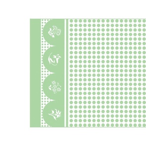 Jade, Jadite, Jadeite and white tea towel with scalloped ends, flower silhouettes, polka dots