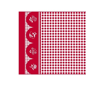 Red and white tea towel with scalloped ends, flower silhouettes, polka dots