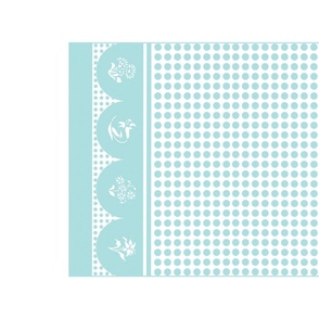 Turquoise and white tea towel with scalloped ends, flower silhouettes, polka dots