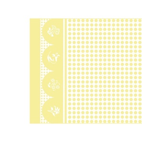 yellow and white tea towel with scalloped ends, flower silhouettes, polka dots