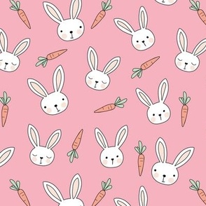 Little bunny and carrots - kawaii spring easter rabbits with big ears and blushing cheeks cutesy kids design pink