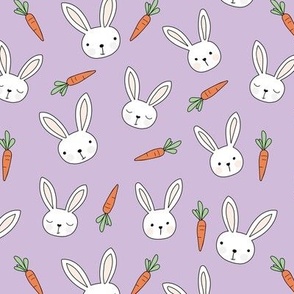 Little bunny and carrots - kawaii spring easter rabbits with big ears and blushing cheeks cutesy kids design lilac purple