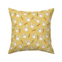 Little bunny and carrots - kawaii spring easter rabbits with big ears and blushing cheeks cutesy kids design mustard yellow