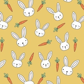Little bunny and carrots - kawaii spring easter rabbits with big ears and blushing cheeks cutesy kids design mustard yellow