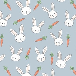Little bunny and carrots - kawaii spring easter rabbits with big ears and blushing cheeks cutesy kids design moody blue