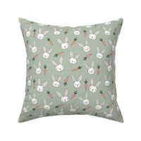 Little bunny and carrots - kawaii spring easter rabbits with big ears and blushing cheeks cutesy kids design soft sage green