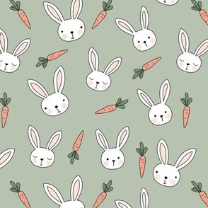 Little bunny and carrots - kawaii spring easter rabbits with big ears and blushing cheeks cutesy kids design soft sage green