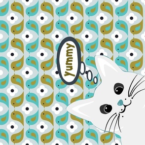 Wall hanging + Tea Towel Unexspected hungry cat blue