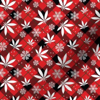 Resize Small-Medium Scale Marijuana Snowstorm Holiday Weed Christmas Pot and Snowflakes on Red Plaid