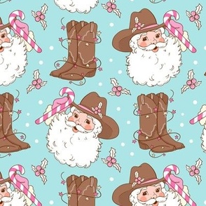 Christmas Cowboy Western Santa Fabric Western boots WB22 turquoise