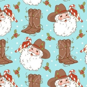 Christmas Cowboy Western Santa Fabric Western boots WB22 turquoise B