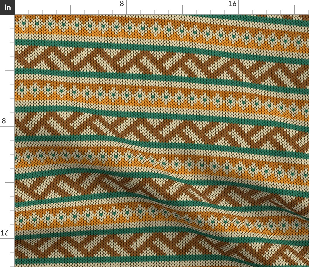 Two Fair Isle Bands in Oranges and Teal Green