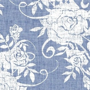 White Distressed Victorian Roses on Dusty Blue Woven Texture
