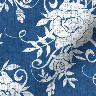 White Distressed Victorian Roses on Aegean Blue Woven Texture
