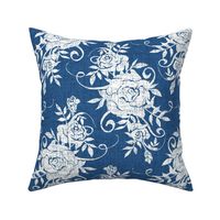 White Distressed Victorian Roses on Aegean Blue Woven Texture