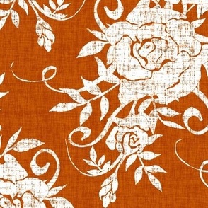 White Distressed Victorian Roses on Terracotta Woven Texture