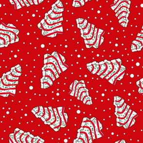 Large Scale Christmas Tree Frosted Snack Cakes on Red