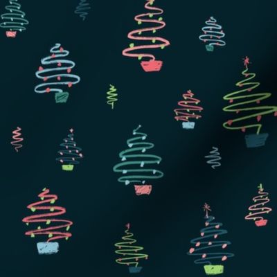 Squiggle Christmas trees on midnight blue - medium (8 inch)