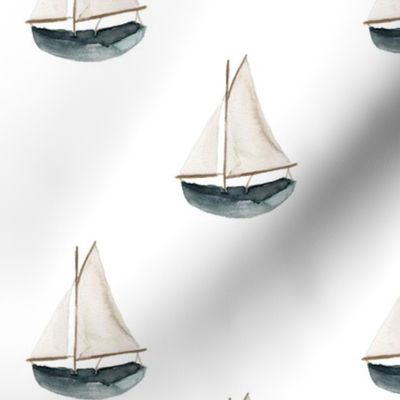 Blue Sailing Boat on White Repeat Pattern