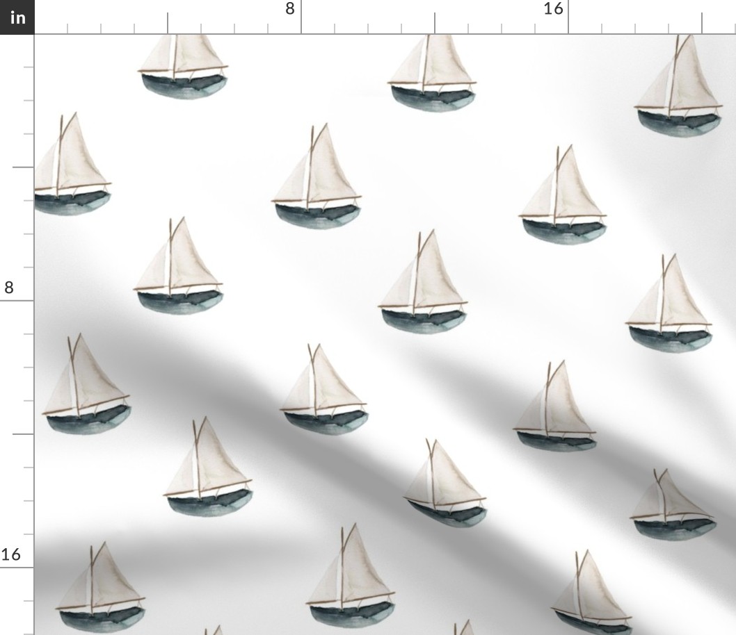 Blue Sailing Boat on White Repeat Pattern