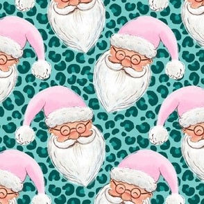 Santa with pink hat leopard turquoise print WB22