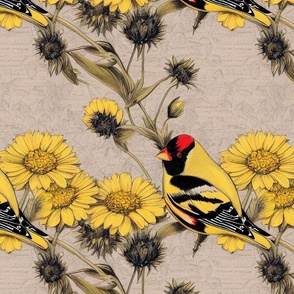 Goldfinch In A Field Of Yellow Flowers 