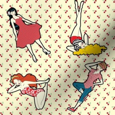 Retro Pinup Girls with Cherry Backdrop on Cream