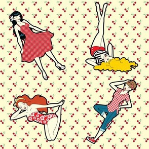 Retro Pinup Girls with Cherry Backdrop on Cream