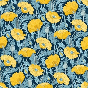 Climbing Yellow Poppy Art Nouveau Flowers Dark Blue Background