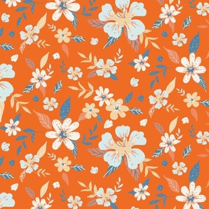 Tropical Hibicus Flowers in Orange and Blue Pastel