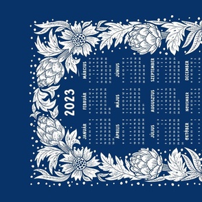 Magyar Calendar 2023 Victorian Artichoke and flowers Art nouveau navy  Hungarian