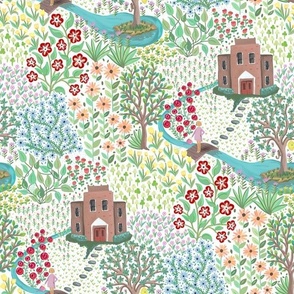 Countryside delightful garden scene with multi colored small flowers on a dense layout   - mid size