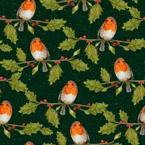 Christmas Robin and Holly Branch on a snowy background | Medium Scale