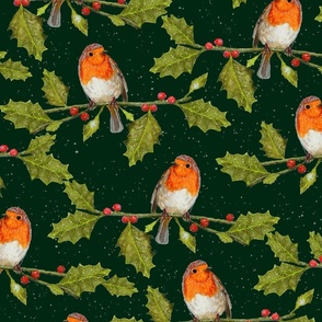  Christmas Robin and Holly Branch on a snowy background | Large Scale