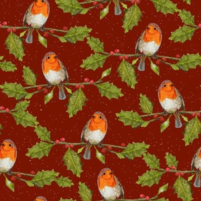  Christmas Robin and Holly Branch on a snowy background |Medium Scale