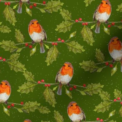  Christmas Robin and Holly Branch on a snowy background | Small Scale