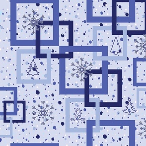 Blue Holiday Squares, Dots, Trees, Snow