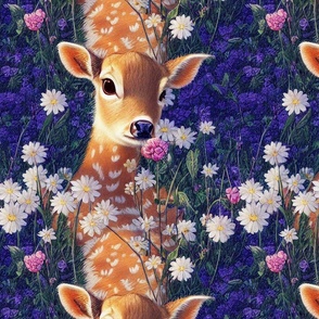 A Fawn resting in a field of flowers -be42