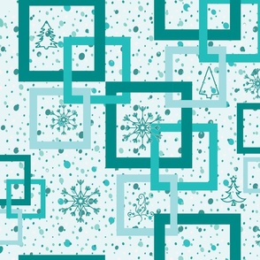 Teal Holiday Squares, Dots, Trees, Snow