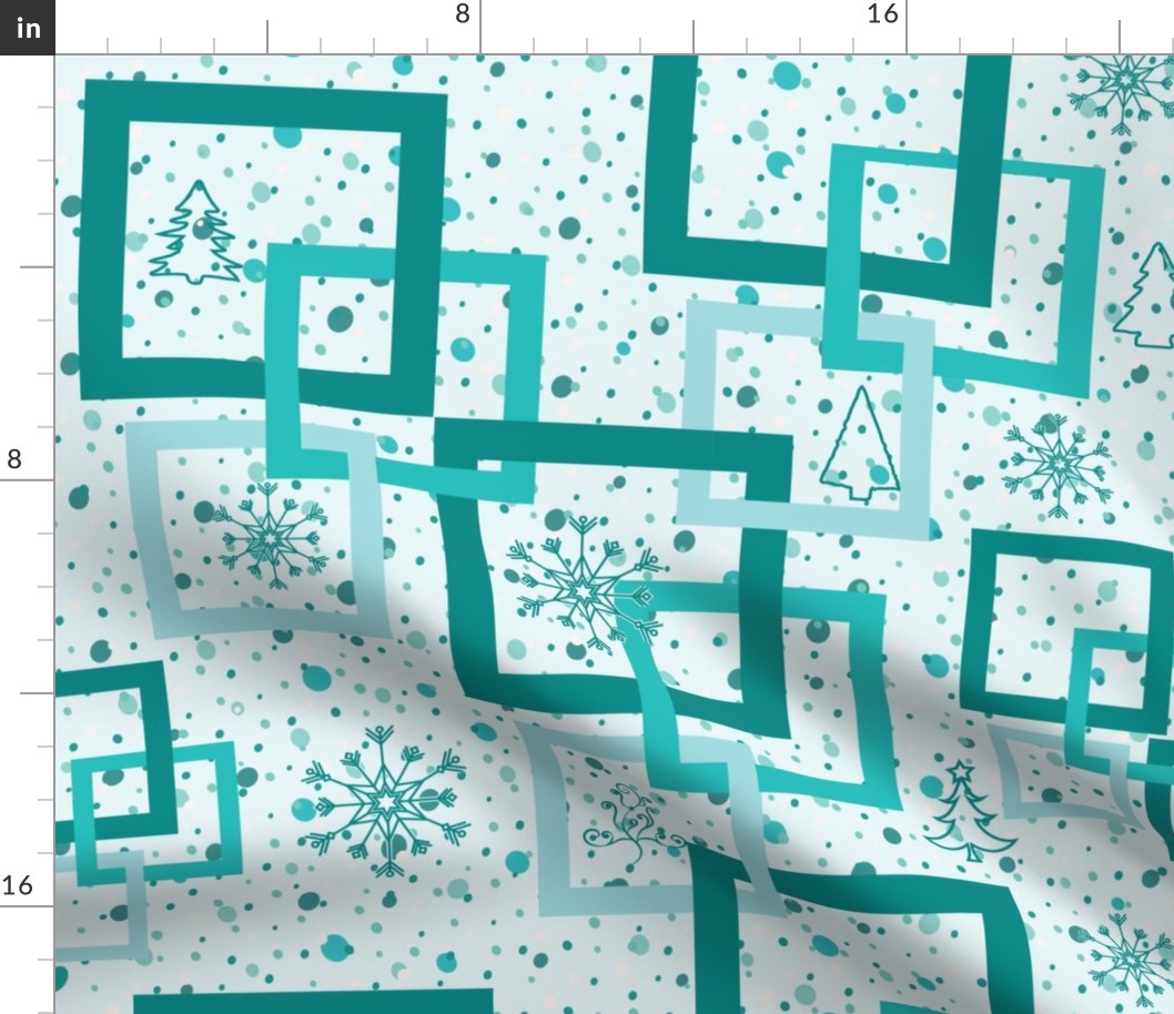 Teal Holiday Squares, Dots, Trees, Snow