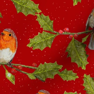  Christmas Robin and Holly Branch on a snowy background | Medium Scale