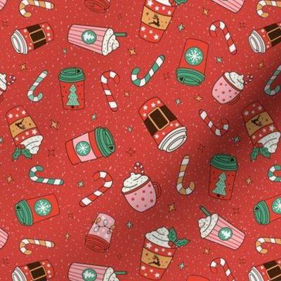 Medium Scale Peppermint Mocha Christmas Coffee and Candy Canes on Retro Red