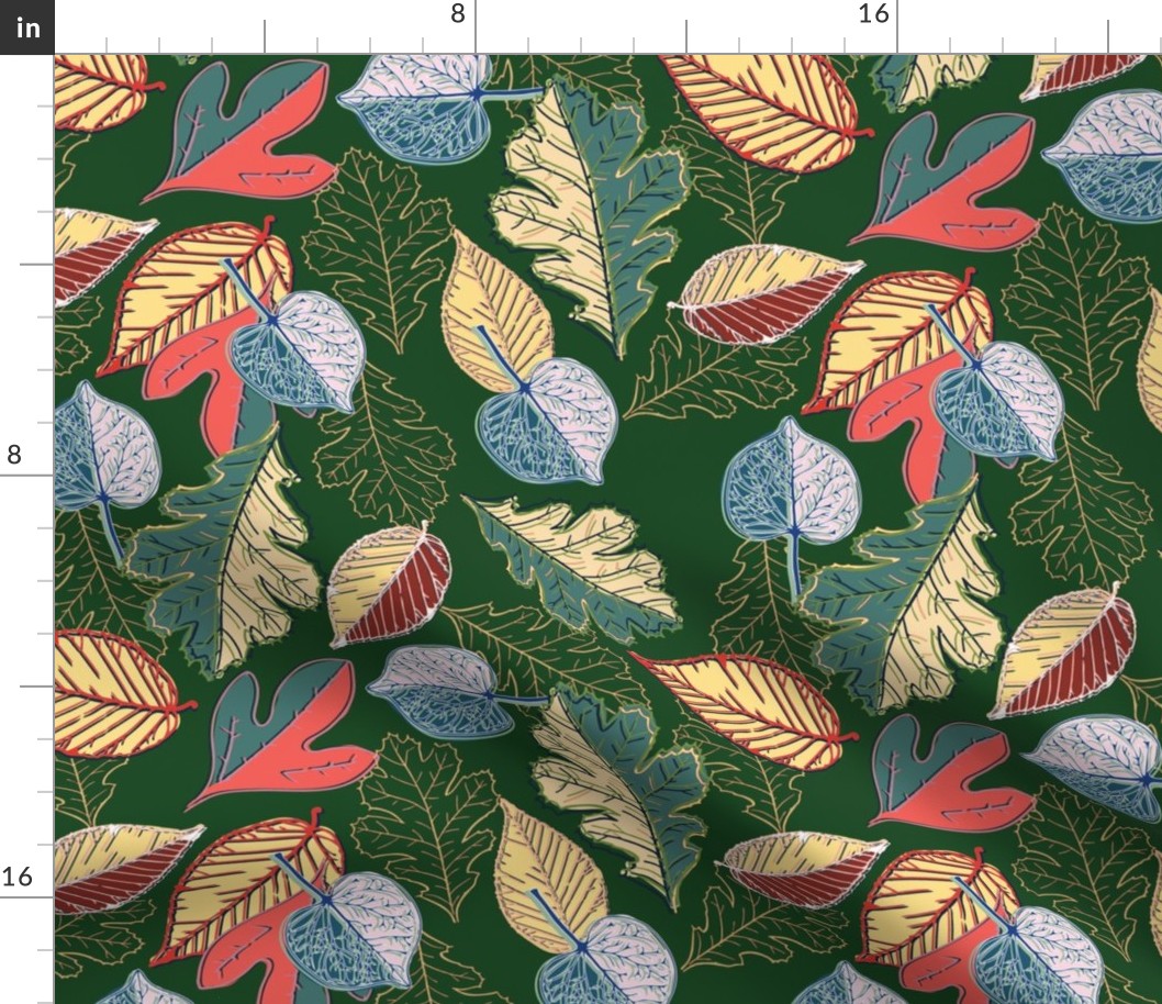 Fallen Leaves in Multicolor on Dark Green-01