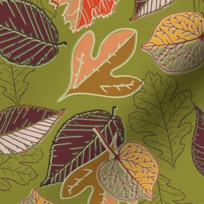 Fallen Leaves in Red and Maroon on Olive Green-01