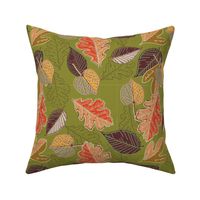 Fallen Leaves in Red and Maroon on Olive Green-01