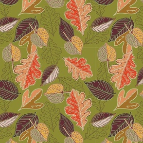 Fallen Leaves in Red and Maroon on Olive Green-01