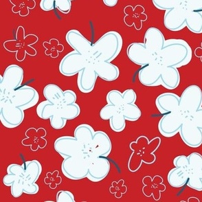 Floating Flowers in Blue and White on Red