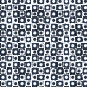 Medium scale navy blue and white checks and dots